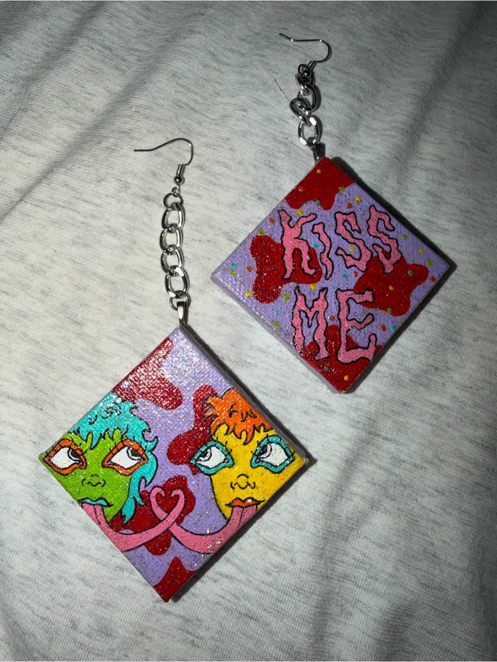 hand-painted "kiss me" mini-canvas statement earrings